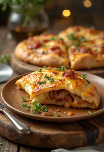 Húsos calzone pizza aranybarnára sütve, friss salátával tálalva