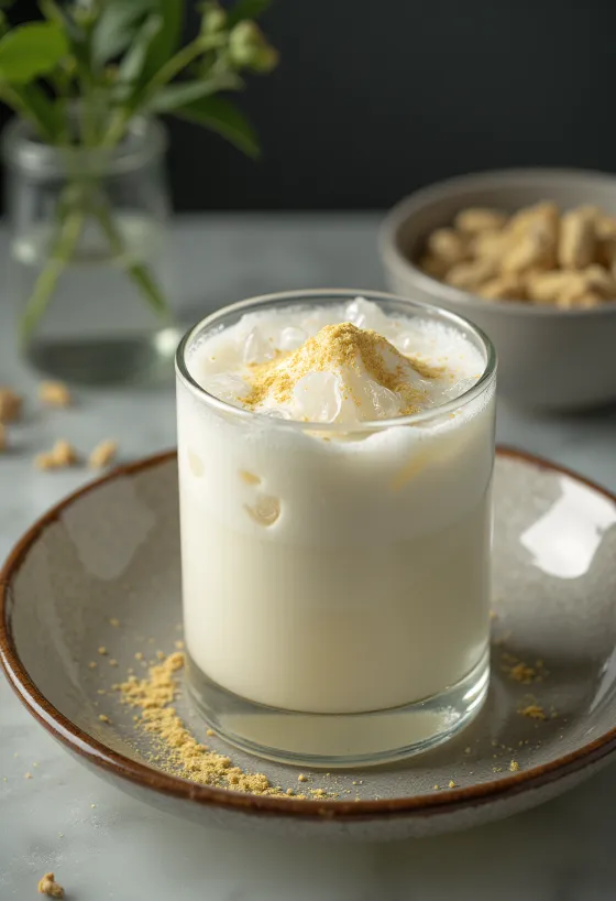Kardamomos lassi pohárban, jégkockákkal és egy kis kardamommal díszítve