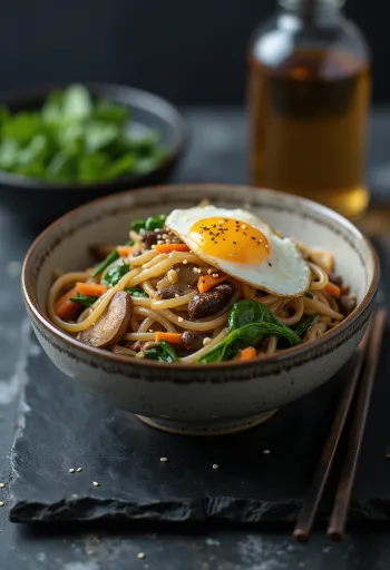 Japchae tálalva, édesburgonya tésztával, marhahússal és zöldségekkel