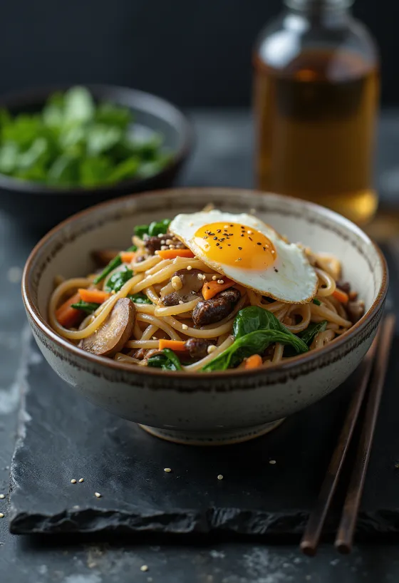 Japchae tálalva, édesburgonya tésztával, marhahússal és zöldségekkel