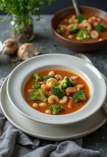 Minestrone leves brokkolival, sárgarépával és tésztával gazdagon tálalva