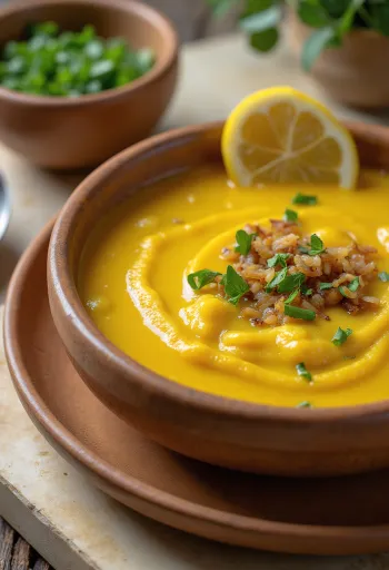 Moong dal soup, díszítve friss korianderrel és citromlével