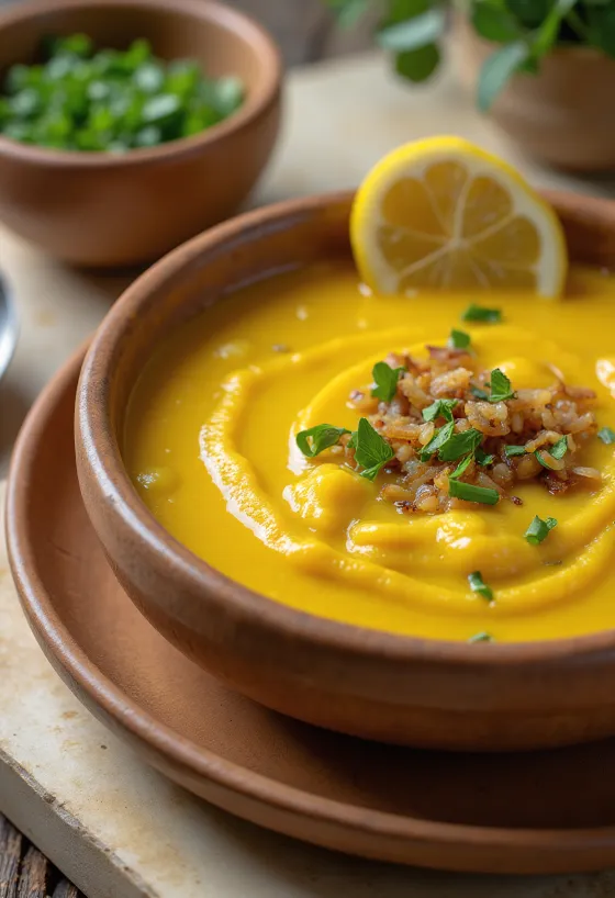 Moong dal soup, díszítve friss korianderrel és citromlével