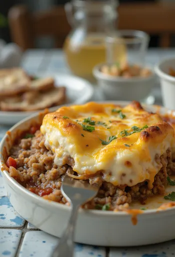 Moussaka sajttal, padlizsánnal, darált hússal és joghurtos réteggel