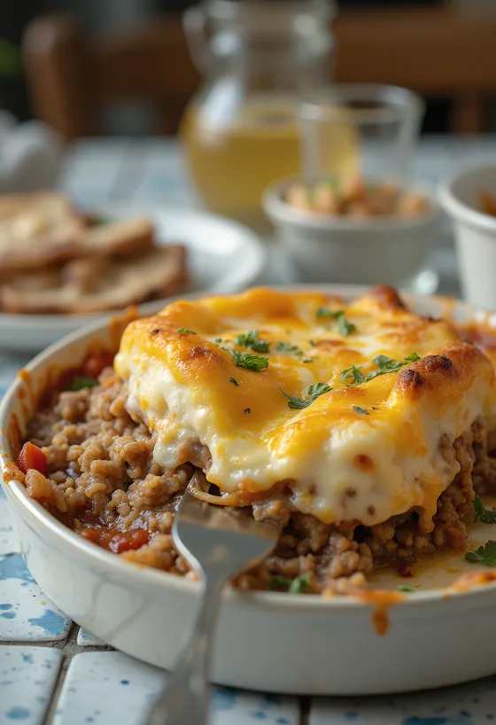 Moussaka sajttal, padlizsánnal, darált hússal és joghurtos réteggel