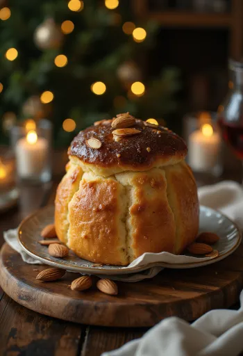 Szeletelt panettone mandulával megszórva, aranybarnára sütve, ünnepi tálalásban