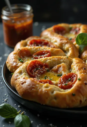 Pesto rosso-s és parmezános focaccia tálalva