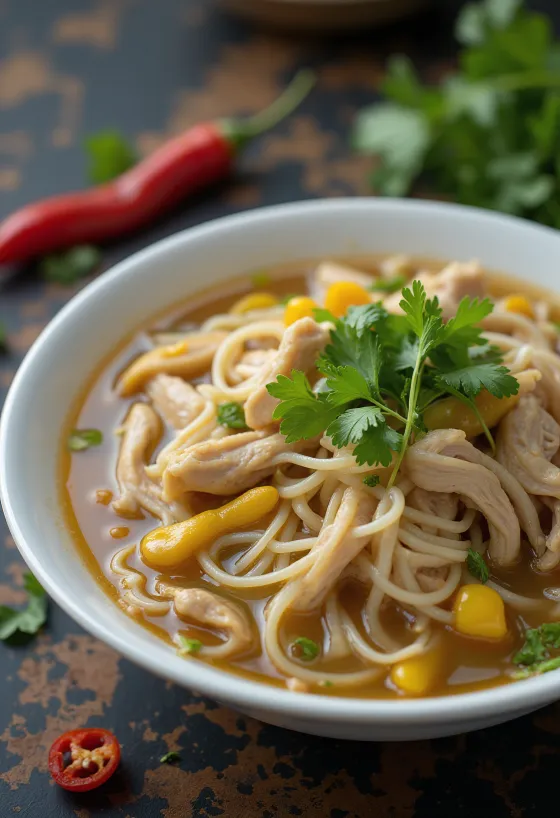 Pho Ga vietnámi csirkeleves tálalva