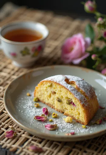 Pisztáciás-rózsavizes Stollen szeletelve, porcukorral megszórva