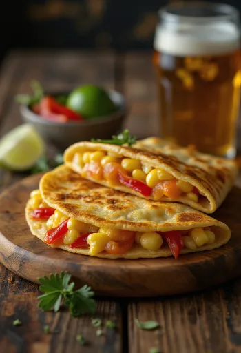 Quesadilla kukoricával, sajt, paprika és lime levelekkel tálalva