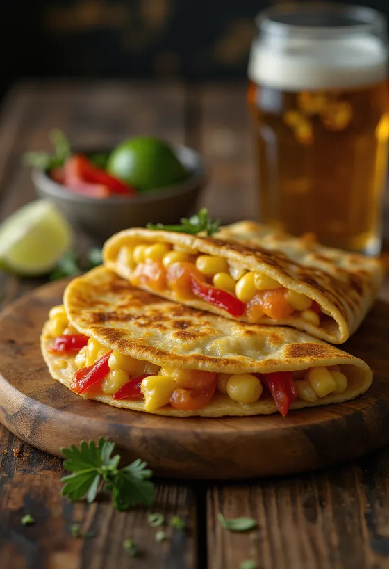 Quesadilla kukoricával, sajt, paprika és lime levelekkel tálalva
