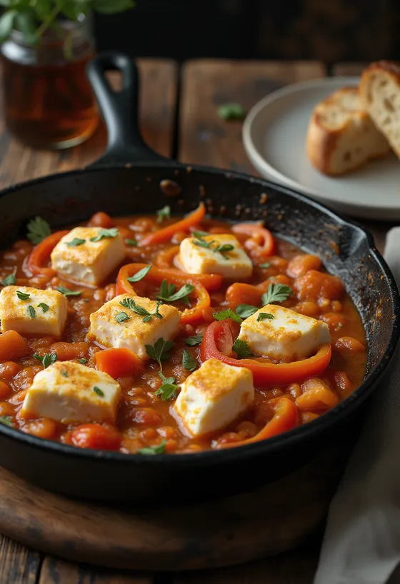 Saganaki paprikával és paradicsommal, feta sajttal, friss zöldséges szószban tálalva