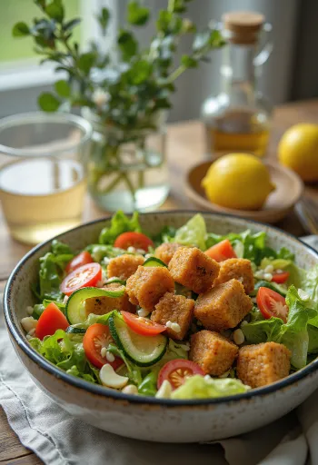 Seitan saláta friss zöldségekkel, olívaolajjal és citromlével, díszítve petrezselyemmel
