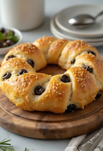 Simit olajbogyóval, ropogós, szezámmagos tésztával, frissen tálalva