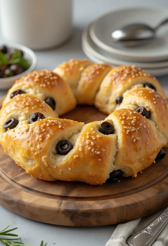 Simit olajbogyóval, ropogós, szezámmagos tésztával, frissen tálalva