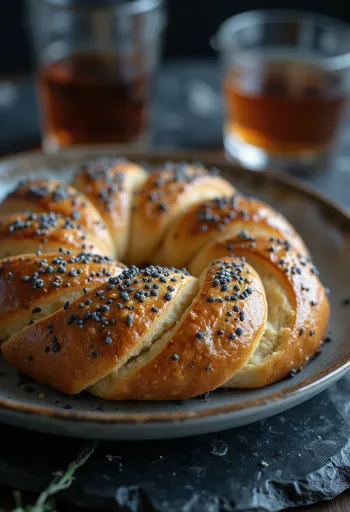 Simit poppamaggal tálalva feta sajttal és friss petrezselyemmel