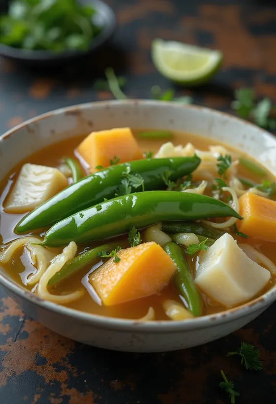 Sinigang zöldséges, tápláló indiai leves friss korianderrel díszítve