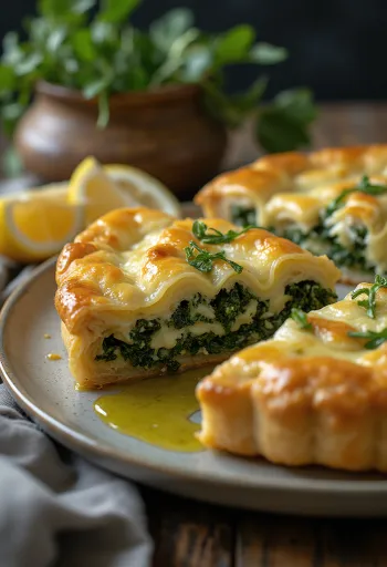 Spanakopita olívaolajjal, aranybarna, ropogós tésztával és gazdag spenótos töltelékkel