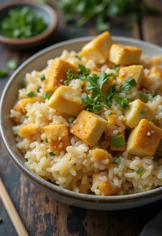 Tofu rántottás rizs tálalva