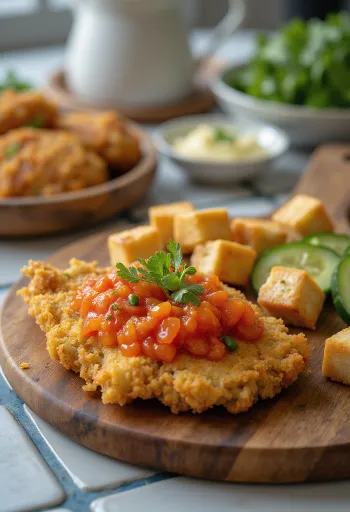 Ayam geprek csípős szósszal és sült tofuval tálalva