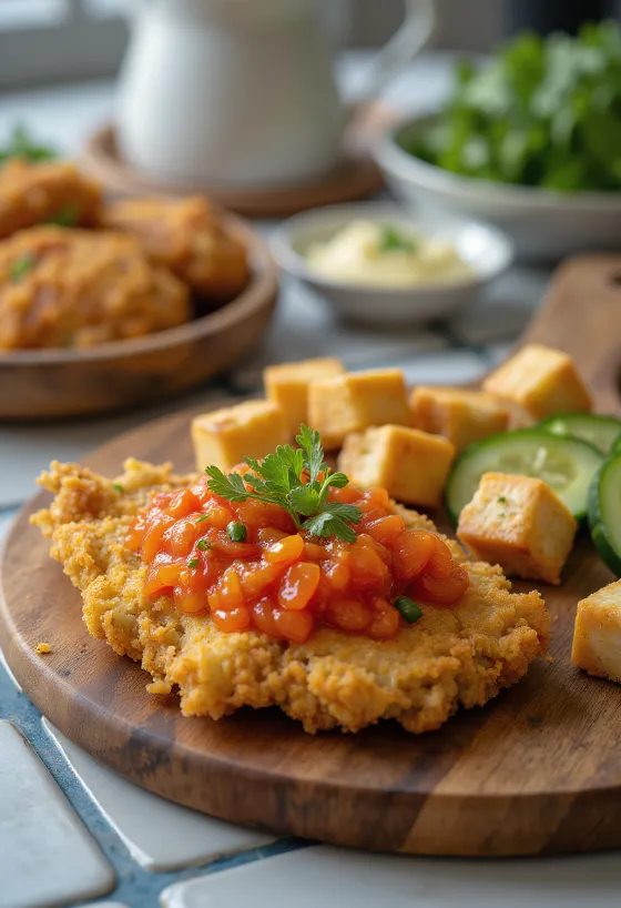 Ayam geprek csípős szósszal és sült tofuval tálalva