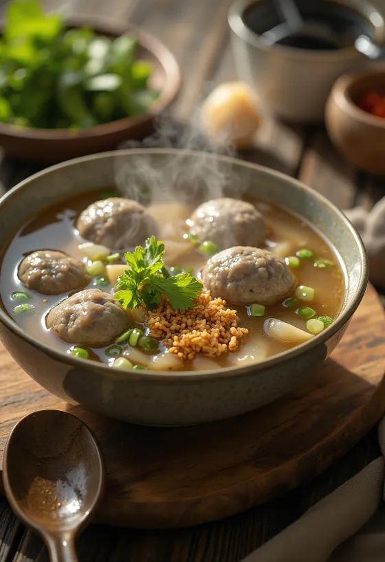 Bakso gyömbérrel, indonéz húsgombóc leves friss korianderrel