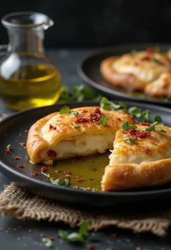 Calzone fűszeres olívaolajjal, aranybarna kérgű, mozzarellával és fűszeres olívaolajjal töltve
