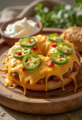 Chilis és sajtos bagel tálalva