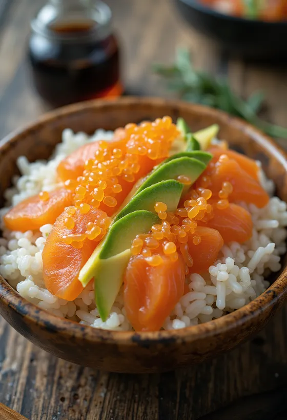 Chirashi halas ikrával, friss avokádóval, uborkával és nori darabokkal
