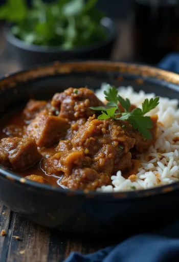 Curry goat csípős paprikával tálalva, friss korianderrel
