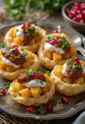Dahi Puri gránátalmamaggal és joghurttal díszítve