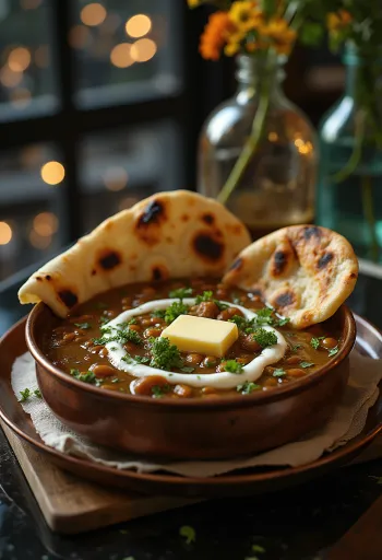 Dal Makhani vajjal készült fekete lencse friss korianderrel díszítve