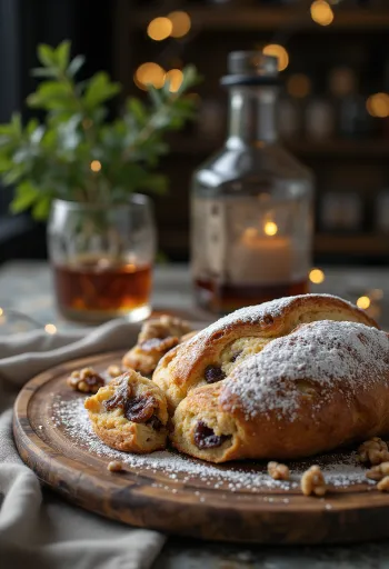 Datolyás-rumos Stollen szeletelve, porcukorral meghintve