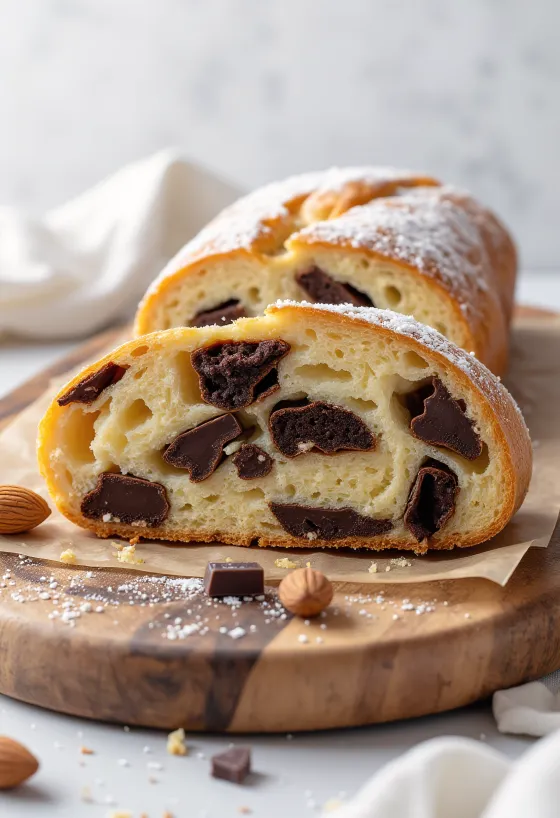 Étcsokoládés Stollen tálalva