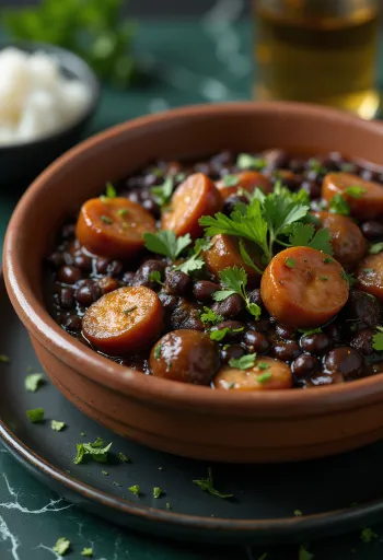 Feijoada tálalva, gazdag babos étel sertéshússal és friss korianderrel díszítve