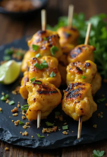 Fűszeres satay, grillezett csirke nyársak friss zöldségekkel