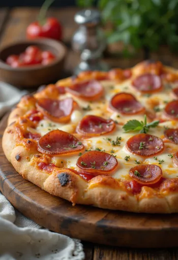Húsos pizza szalámival tálalva