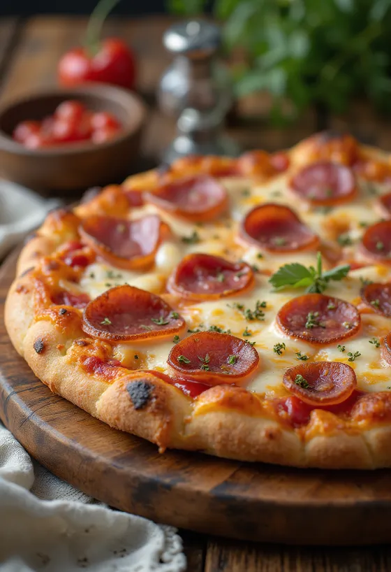 Húsos pizza szalámival tálalva