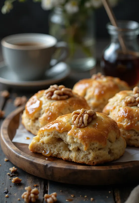 Juharszirupos diós scone tálalva