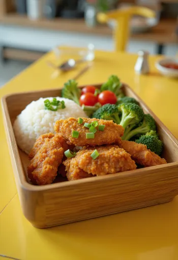 Karaage bento dobozban ropogós csirkével, rizssel és friss zöldségekkel