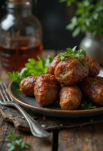 Kofta sült burgonyával, fűszeres marhahús golyók friss petrezselyemmel díszítve
