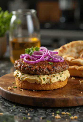 Frissen készült közel-keleti hamburger hummusszal és tahinivel
