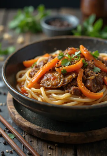 Lagman marhahússal tálalva, friss zöldségekkel és gazdag szójaszószos lében