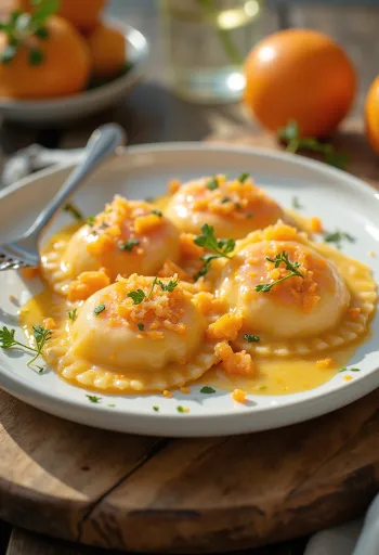 Lazacos és narancsos ravioli tálalva