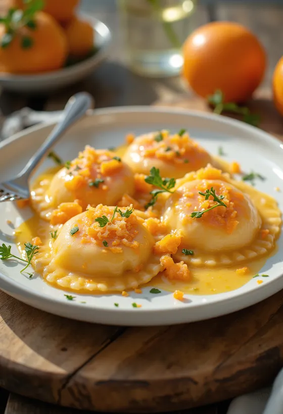 Lazacos és narancsos ravioli tálalva