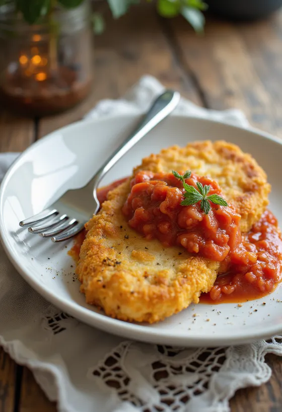 Milanesa paradicsomszósszal, friss petrezselyemmel díszítve