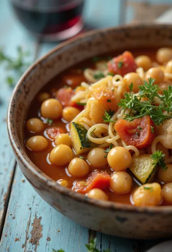 Minestrone csicseriborsóval tálalva, sok zöldséggel és tésztával