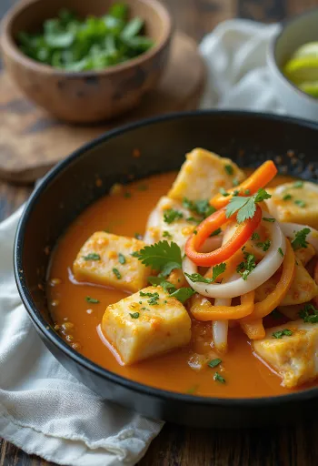 Moqueca fokhagymával tálalva, friss korianderrel és lime szeletekkel