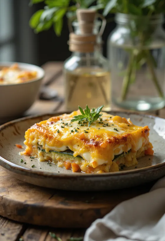 Moussaka zöldségekkel, padlizsánnal, cukkini és sárgarépával, joghurtos krémes réteggel