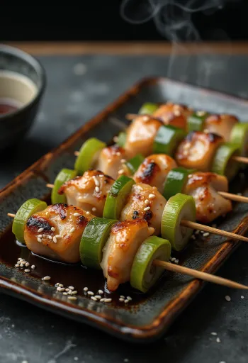 Negima yakitori csirke és újhagyma pálcikán, szezámmaggal és friss zöldhagymával tálalva